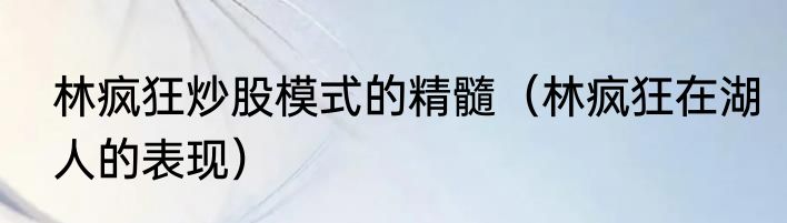 林疯狂炒股模式的精髓（林疯狂在湖人的表现）