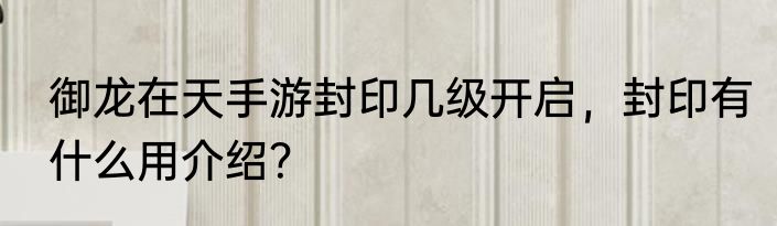 御龙在天手游封印几级开启，封印有什么用介绍？