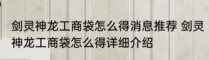 剑灵神龙工商袋怎么得消息推荐 剑灵神龙工商袋怎么得详细介绍