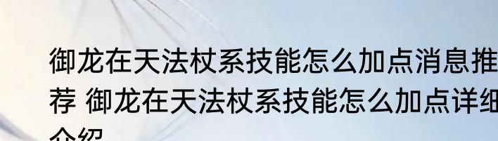 御龙在天法杖系技能怎么加点消息推荐 御龙在天法杖系技能怎么加点详细介绍