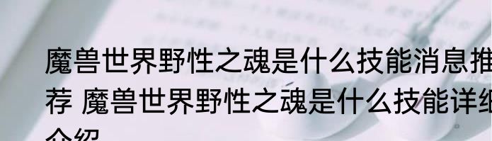 魔兽世界野性之魂是什么技能消息推荐 魔兽世界野性之魂是什么技能详细介绍