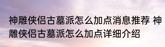 神雕侠侣古墓派怎么加点消息推荐 神雕侠侣古墓派怎么加点详细介绍
