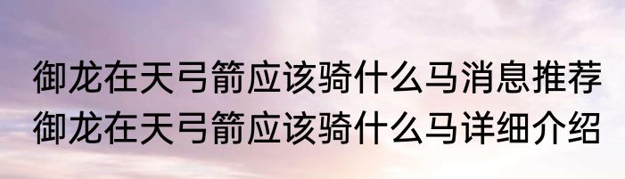 御龙在天弓箭应该骑什么马消息推荐 御龙在天弓箭应该骑什么马详细介绍