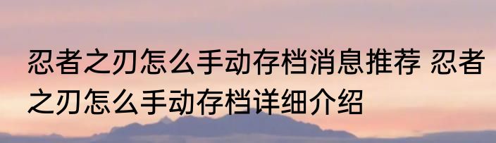 忍者之刃怎么手动存档消息推荐 忍者之刃怎么手动存档详细介绍