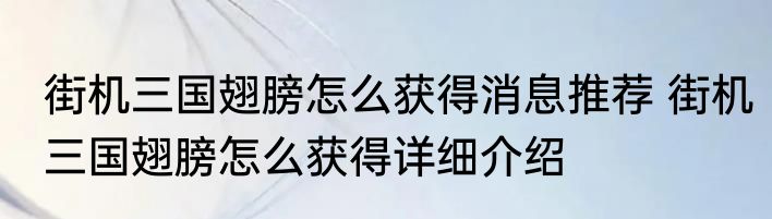 街机三国翅膀怎么获得消息推荐 街机三国翅膀怎么获得详细介绍