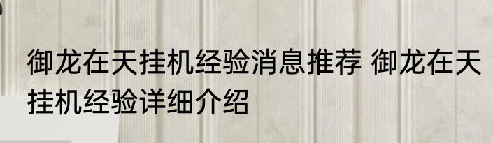 御龙在天挂机经验消息推荐 御龙在天挂机经验详细介绍