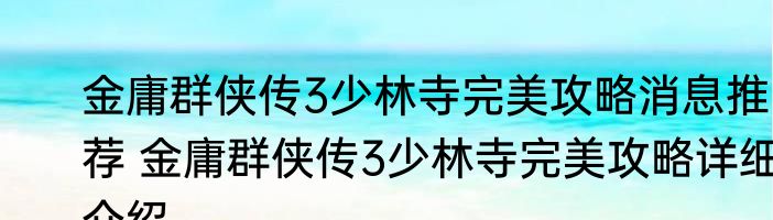 金庸群侠传3少林寺完美攻略消息推荐 金庸群侠传3少林寺完美攻略详细介绍