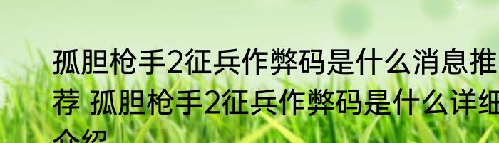 孤胆枪手2征兵作弊码是什么消息推荐 孤胆枪手2征兵作弊码是什么详细介绍