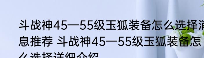 斗战神45—55级玉狐装备怎么选择消息推荐 斗战神45—55级玉狐装备怎么选择详细介绍