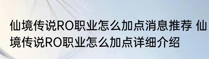 仙境传说RO职业怎么加点消息推荐 仙境传说RO职业怎么加点详细介绍