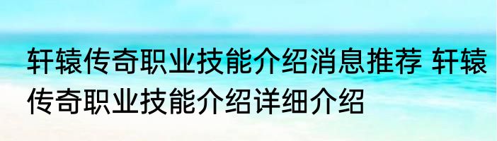 轩辕传奇职业技能介绍消息推荐 轩辕传奇职业技能介绍详细介绍