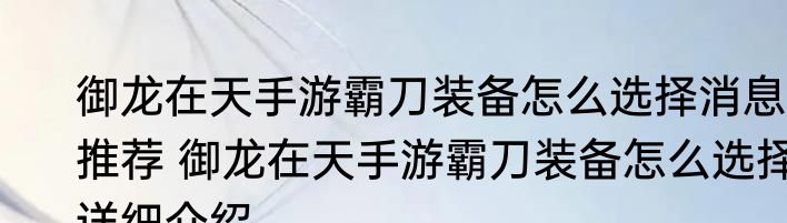 御龙在天手游霸刀装备怎么选择消息推荐 御龙在天手游霸刀装备怎么选择详细介绍