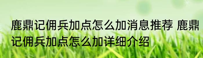 鹿鼎记佣兵加点怎么加消息推荐 鹿鼎记佣兵加点怎么加详细介绍