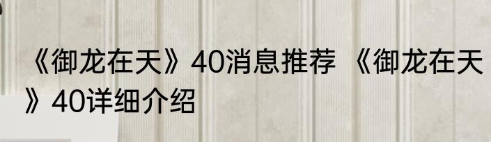 《御龙在天》40消息推荐 《御龙在天》40详细介绍