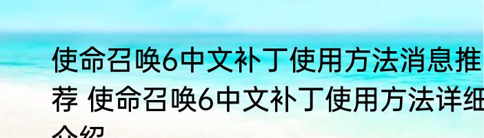 使命召唤6中文补丁使用方法消息推荐 使命召唤6中文补丁使用方法详细介绍