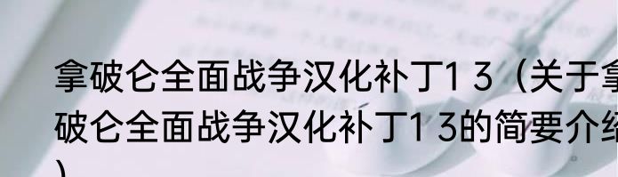 拿破仑全面战争汉化补丁1 3（关于拿破仑全面战争汉化补丁1 3的简要介绍）