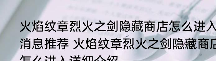 火焰纹章烈火之剑隐藏商店怎么进入消息推荐 火焰纹章烈火之剑隐藏商店怎么进入详细介绍
