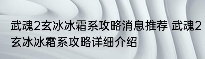 武魂2玄冰冰霜系攻略消息推荐 武魂2玄冰冰霜系攻略详细介绍