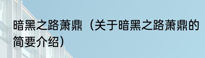 暗黑之路萧鼎（关于暗黑之路萧鼎的简要介绍）