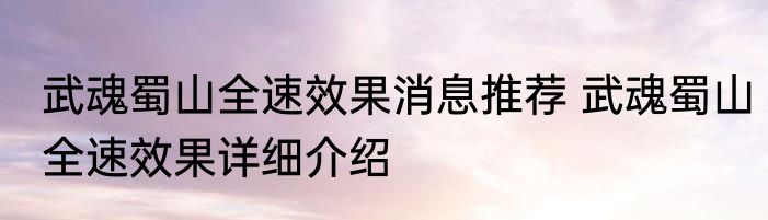 武魂蜀山全速效果消息推荐 武魂蜀山全速效果详细介绍
