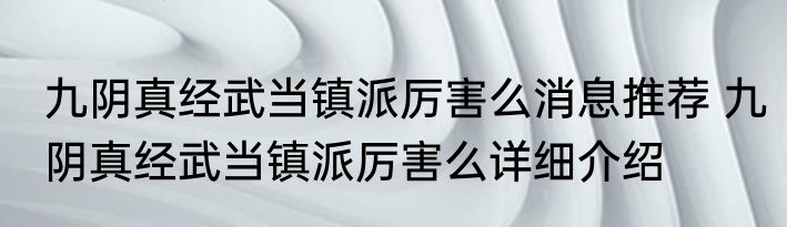 九阴真经武当镇派厉害么消息推荐 九阴真经武当镇派厉害么详细介绍