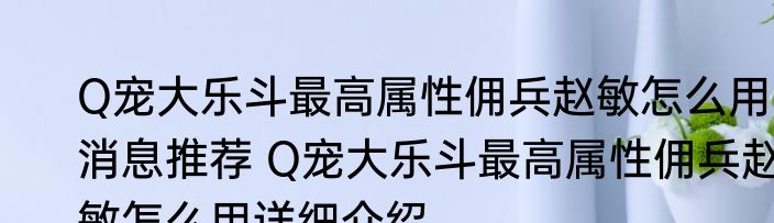 Q宠大乐斗最高属性佣兵赵敏怎么用消息推荐 Q宠大乐斗最高属性佣兵赵敏怎么用详细介绍