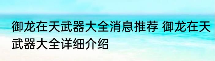 御龙在天武器大全消息推荐 御龙在天武器大全详细介绍