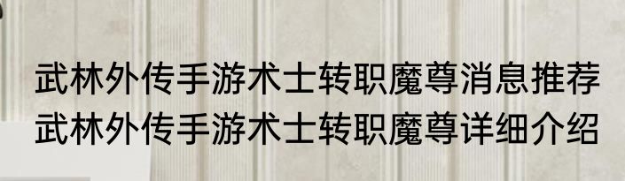 武林外传手游术士转职魔尊消息推荐 武林外传手游术士转职魔尊详细介绍