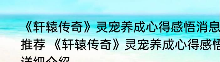 《轩辕传奇》灵宠养成心得感悟消息推荐 《轩辕传奇》灵宠养成心得感悟详细介绍