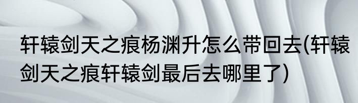 轩辕剑天之痕杨渊升怎么带回去(轩辕剑天之痕轩辕剑最后去哪里了)